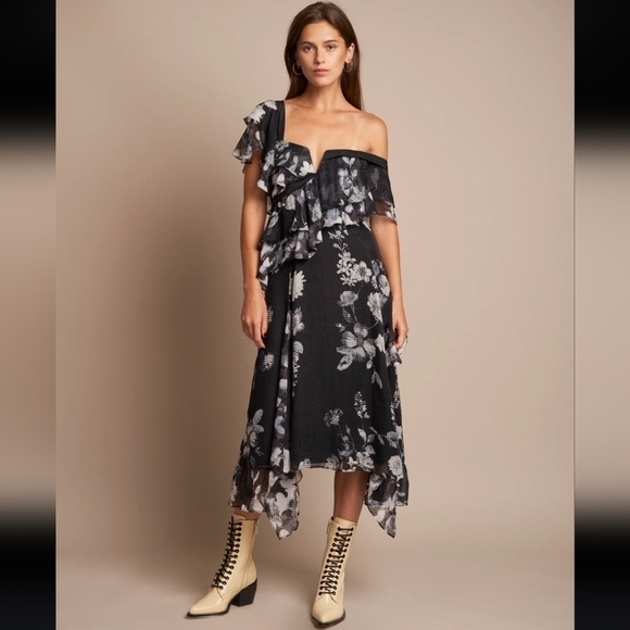 NEW Chelsea & Walker Cara Black & White Silk Jacquard Midi Dress Size 2 - Picture 1 of 16